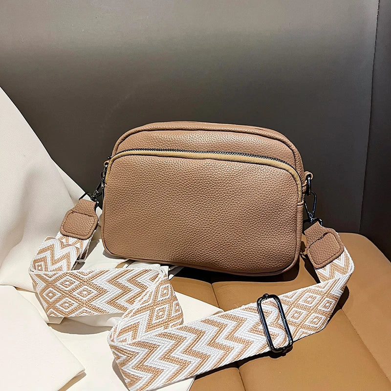 1 piece ladies pure color pu messenger bag fashion wide shoulder strap women's bag multi-flap pocket pants square bag