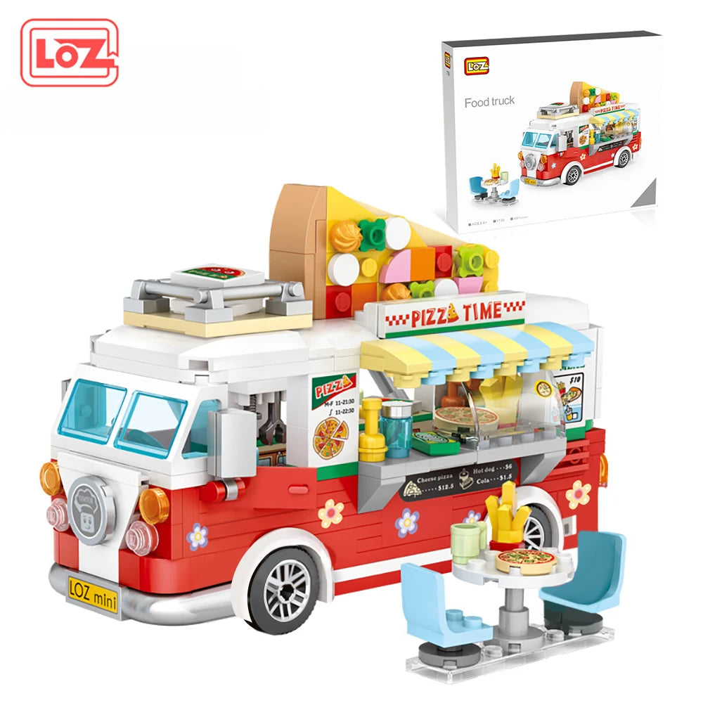 491pcs Street Stalls Pizza Trucks Coffee Food Shops Collection ABS Materials Birthday Gifts for Kid and Adults with Box