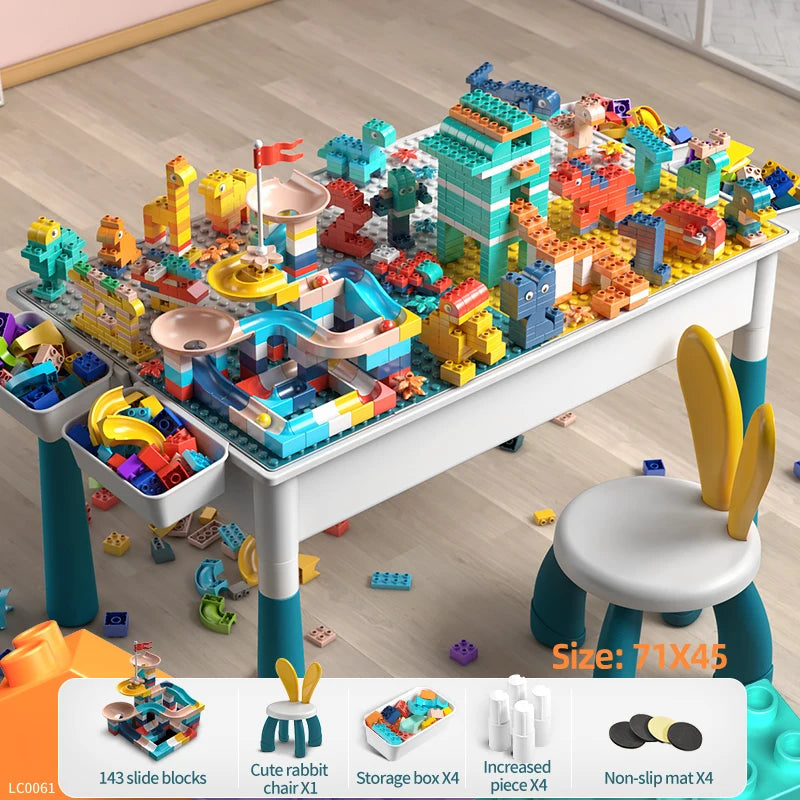 Activity Water Table 5-in-1 Kids Toys and Chair Set with 143pcs Large Marble Run DIY Building Block for Kids Ages 3+