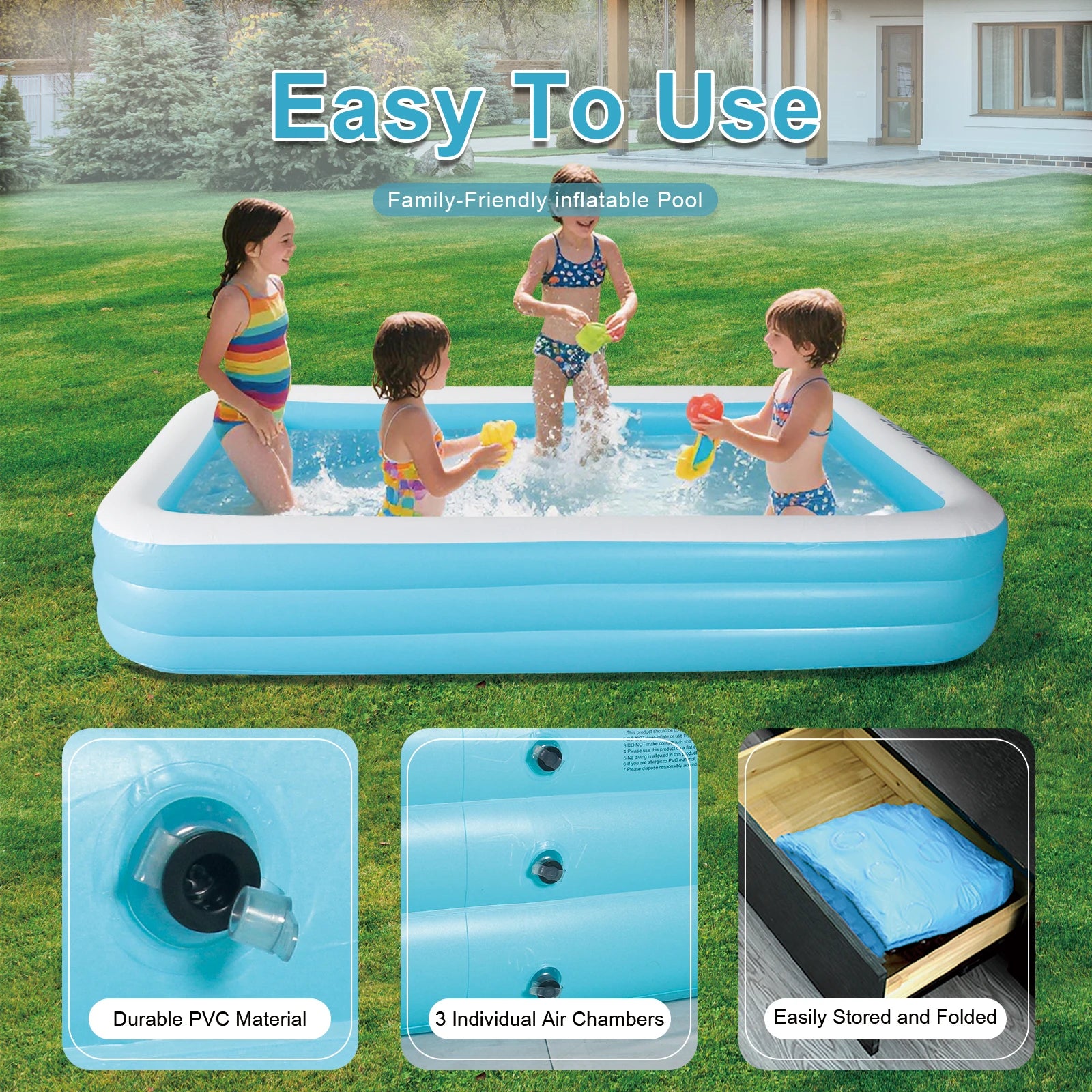 Inflatable swimming Pool for Kids and Adults,120" X 72" X 22" Family Large kiddie Blow Up Pool for Outdoor,Backyard,Garden