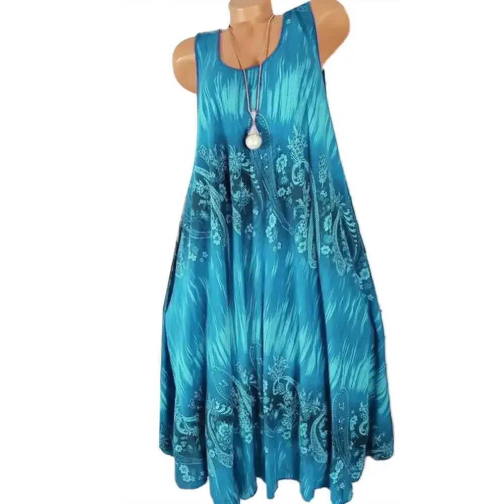 Hot Sales Women Skirt Summer Floral Print Round Neck Sleeveless Loose Pleated Plus Tank Dress for Female