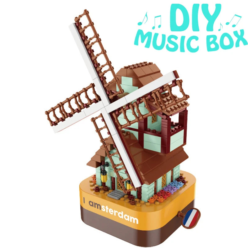 2025 New Dutch Windmill Music Box Building Blocks Kit-European-style Windmill Bricks Model,Home Decor DIY Toy Kids Birthday Gift