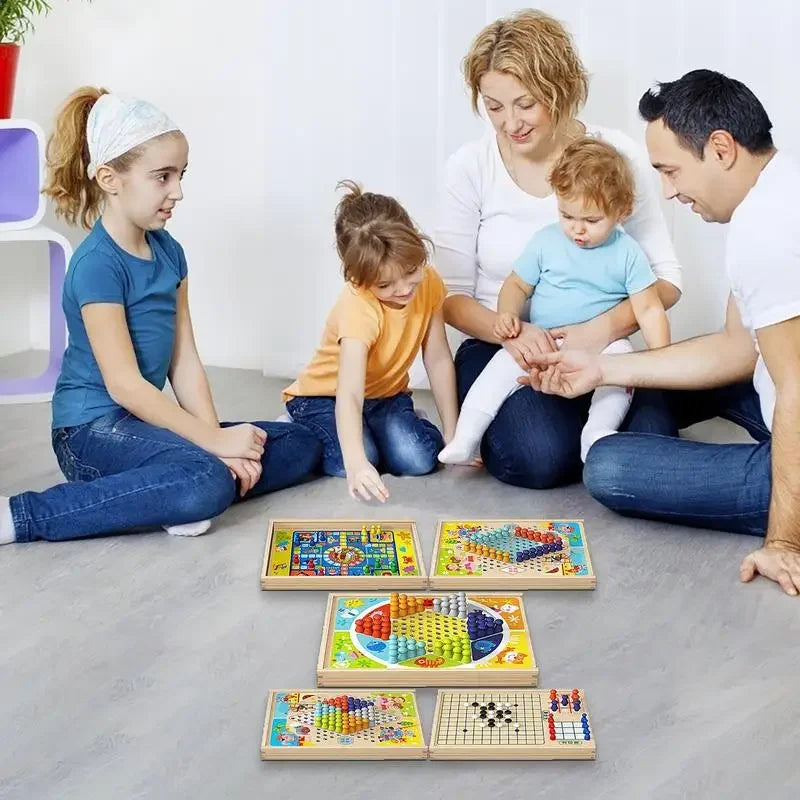 Chess Game 9 In 1 Mini Checkerboard Wooden Flying Chess Chinese Checkers Flying Ludo Board Set Portable Wooden Tabletop Game Toy