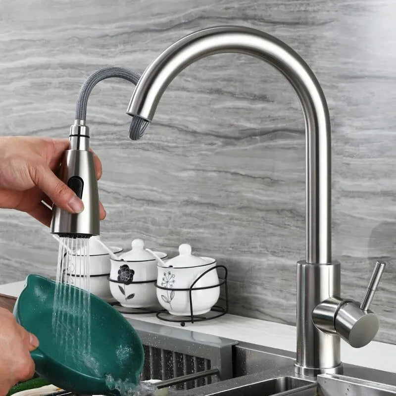 1PC Pull-Out Kitchen Faucet, Cold And Hot Water, Stainless Steel Sink, Extendable And Rotatable Faucet.