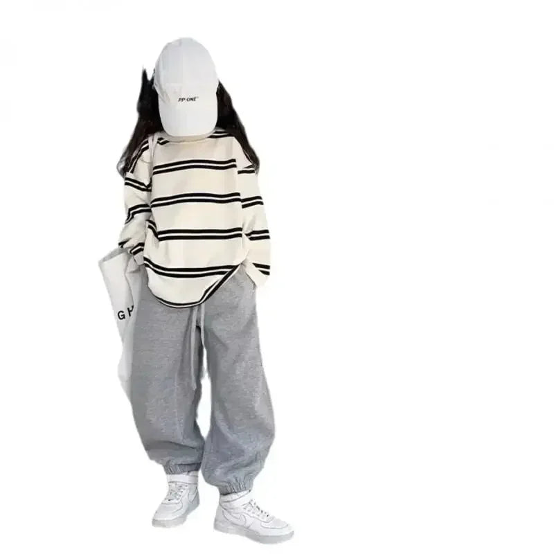 2025 Korea Style Simple Kids Clothes Girl 2Pcs Set Clothing Long Sleeve Striped+Loose Pant Outfits for Teen Girl 6 8 10 12 14Y