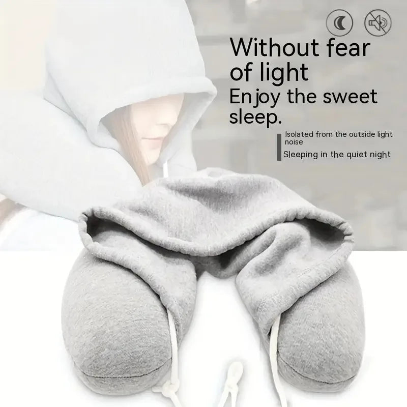 U-Shape Airplane Pillow with Hoodie Soft Comfortable Hooded Neck Travel Pillow