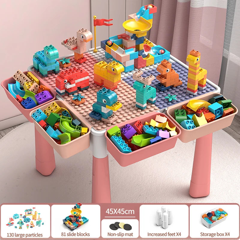 Activity Water Table 5-in-1 Kids Toys and Chair Set with 143pcs Large Marble Run DIY Building Block for Kids Ages 3+