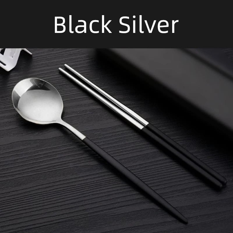 2pcs Stainless Steel Food Chopsticks Spoon Set Long Handle Flat Non-slip Chopsticks Dessert Spoons Dinnerware Set