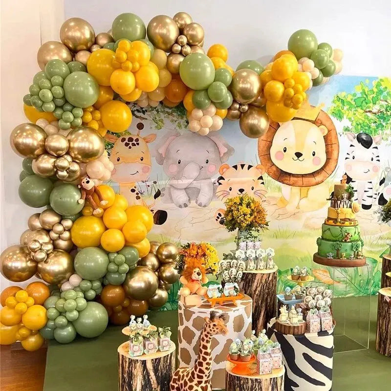 1Set, Safari Park Jungle Balloon Flower Arch Set Tropical Theme Party Supplies Birthday Wedding Graduation Gold White Decoration
