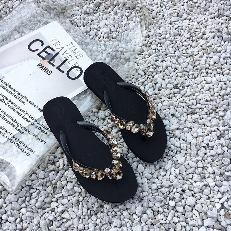 Anti slip rhinestone casual champagne vacation summer cool slippers flip flops new jacket fashionable beach style 1.5 heel high