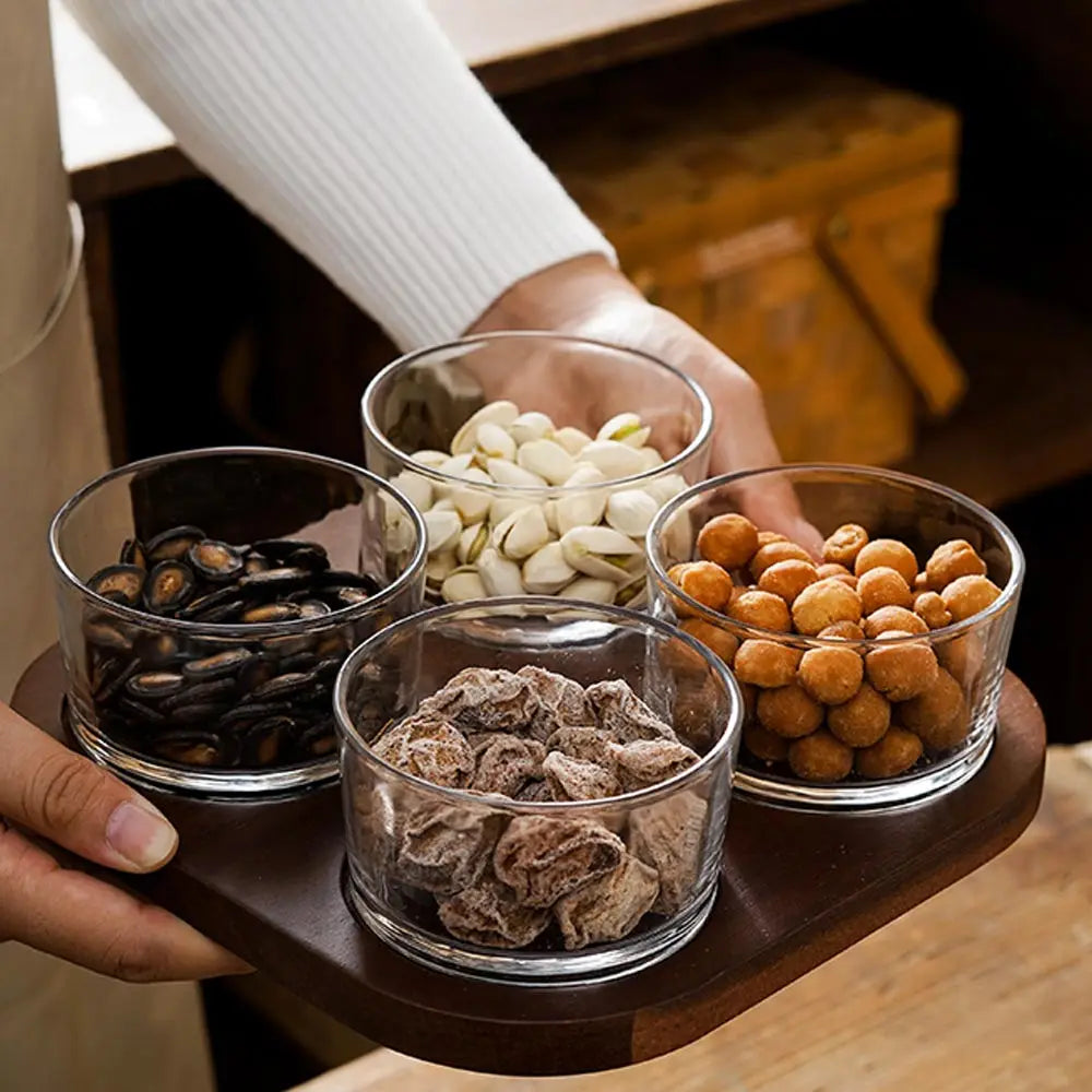 Glass Storage Bottle Divided Dried Fruit Tray with Wooden Lid Dried Fruit Snack Storage Bottle Wooden Tray Household Snack Tray