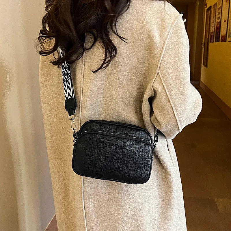 1 piece ladies pure color pu messenger bag fashion wide shoulder strap women's bag multi-flap pocket pants square bag