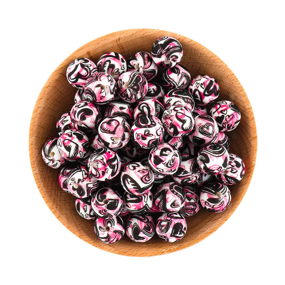 10Pcs/lot Printed Silicone Beads 15mm Round Leopard Terrazzo Dalmatian Camo Silicone Beads For Jewelry Making DIY Accessories